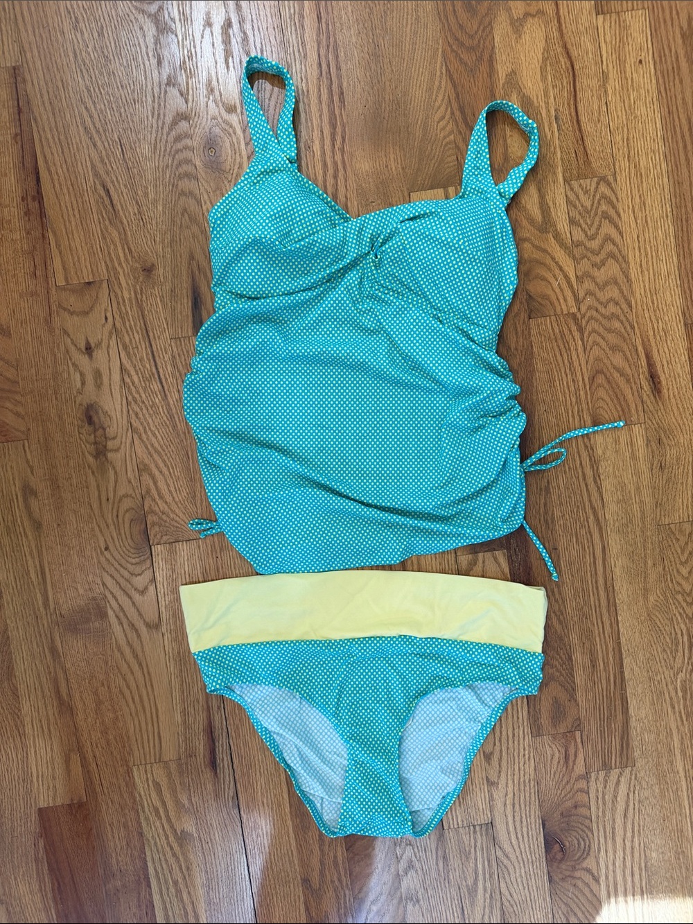 Prego Women’s Maternity Teal/Yellow Dot Tankini Set with Yellow Waistband, M